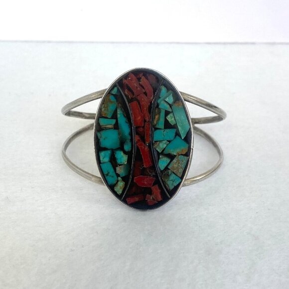 VTG Sterling Silver 925 Southwest Oval Crushed Turquoise Coral Cuff Bracelet - Picture 13 of 16